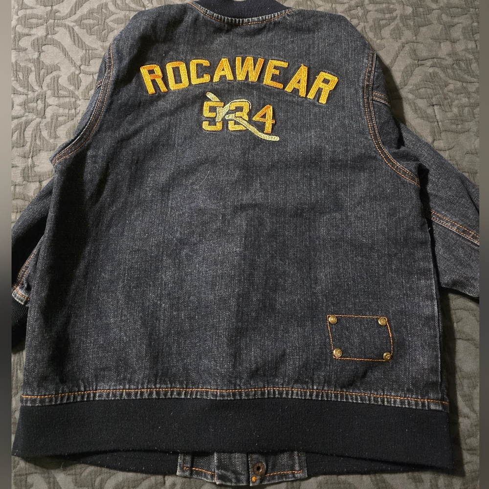 Vintage Y2k Childrens Rocawear Denim Jacket with Yellow Embroidered Logo Size 8